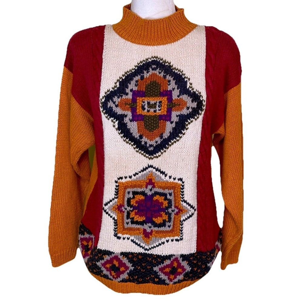 Vintage Women’s Mustard Boho Southwestern Aztec Geometric Chunky Knit‎ Sweater M
